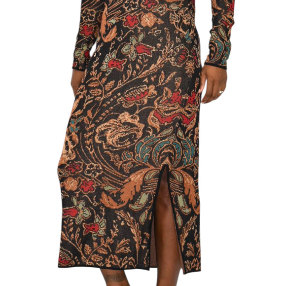 Peruvian Connection Floral Dress Black Tapestry Jacquard Long Sleeves Long Small - Picture 5 of 15